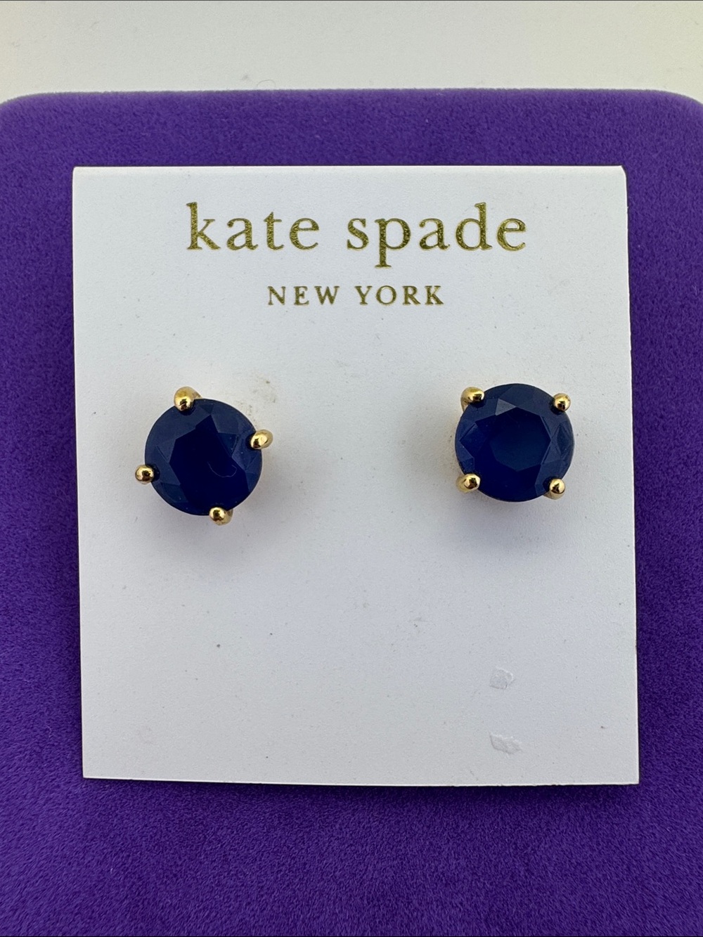 💛 Classic Gold Plated Kate Spade Navy Round Crystal Stud Earrings | Designer NWT